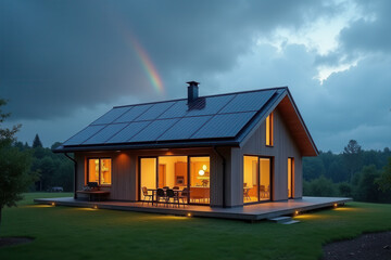 Obraz premium Modern Solar Powered House, Eco Friendly Sustainable Architecture, Clean Energy Living
