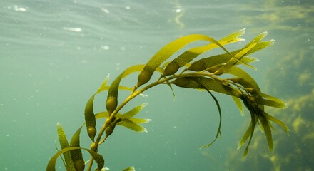 Lush Green Seaweed Underwater Marine Plant Life Thriving in Clear Ocean Waters Sunlight Filtering Through The Surface