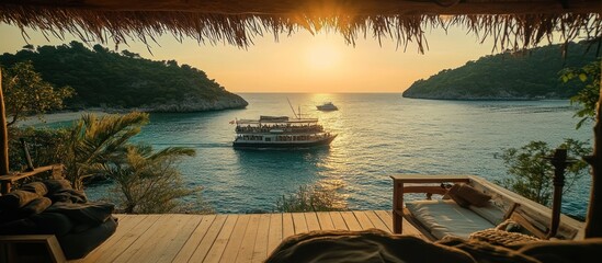 Golden hour at tropical coastal bay view from rustic wooden bungalow
