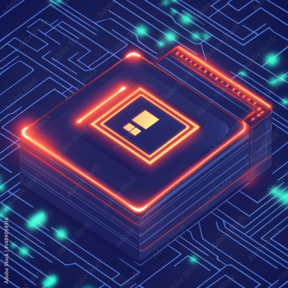 Poster abstract representation of a microchip with neon glow and circuit board pattern in digital environme