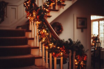 Christmas garland wrapped around staircase rail festive indoor decor lights no people