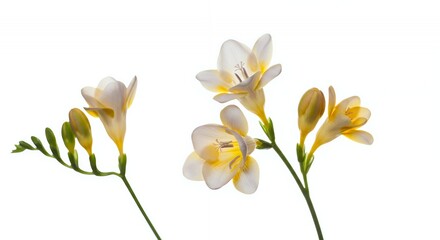Fototapeta premium Elegant Freesia Flowers Swaying Against a Pure White Background Highlighting Delicate Floral Structure with Subtle Color Variations Perfect for Skincare and Cosmetic Decoration