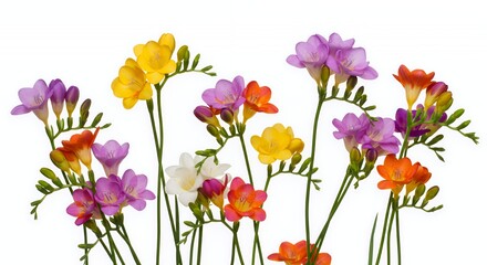 Fototapeta premium Delightful Freesia Flowers Field with Vibrant Yellow Purple and Orange Hues Swaying on Plain White Isolated Background Perfect for Decoration and Spring Themes