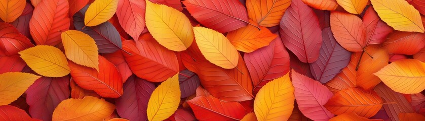 Obraz premium Colorful Autumn Leaves in Shades of Orange, Red, Yellow, and Purple on a Soft Background for Seasonal Decor