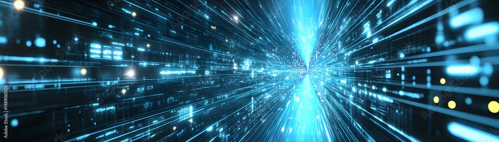 Wall mural digital data tunnel visualization in glowing blue light.