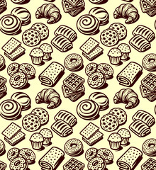 A colorful and intricate seamless design of various baked goods