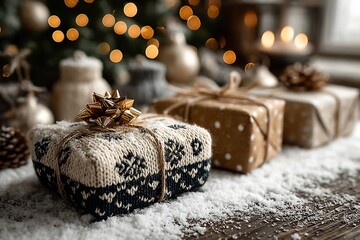 Christmas gifts under decorated tree wrapped boxes snowy setting no people rich holiday aesthetic for digital backgrounds