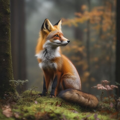 Fototapeta premium Red Fox Sitting on Mossy Forest Ground During Autumn Fog