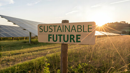 Sign Indicating a Sustainable Future Amidst Solar Panels in a Green Landscape at Sunset Highlighting Renewable Energy Importance for Environmental Protection
