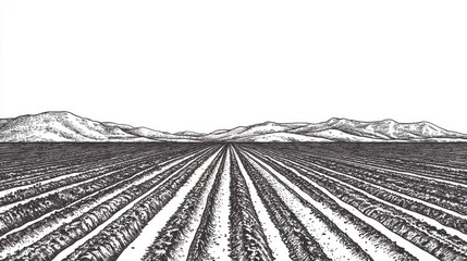 Farmland rows, mountain backdrop, rural landscape, agricultural illustration