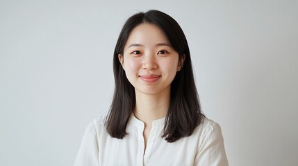 Portrait of a young Asian woman with black hair against a white backdrop