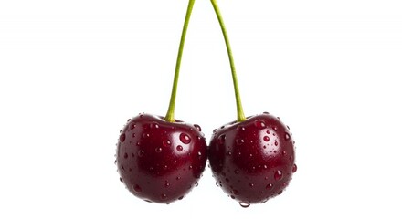 Close Up of Two Glossy Red Cherries with Water Droplets Isolated by White Screen