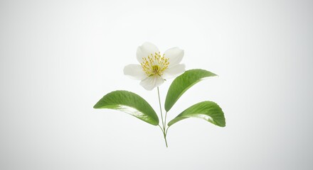 Single White Flower with Yellow Stamens Isolated by White Screen Featuring Delicate Petals and Two Vibrant Green Leaves