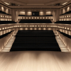 Modern Theater Auditorium Interior Design Lighting Architecture; Performance Venue with Stylish Seating Rows; Dramatic Stage for Music Concert; Empty Cultural Hall Ambiance; Professional Acoustics