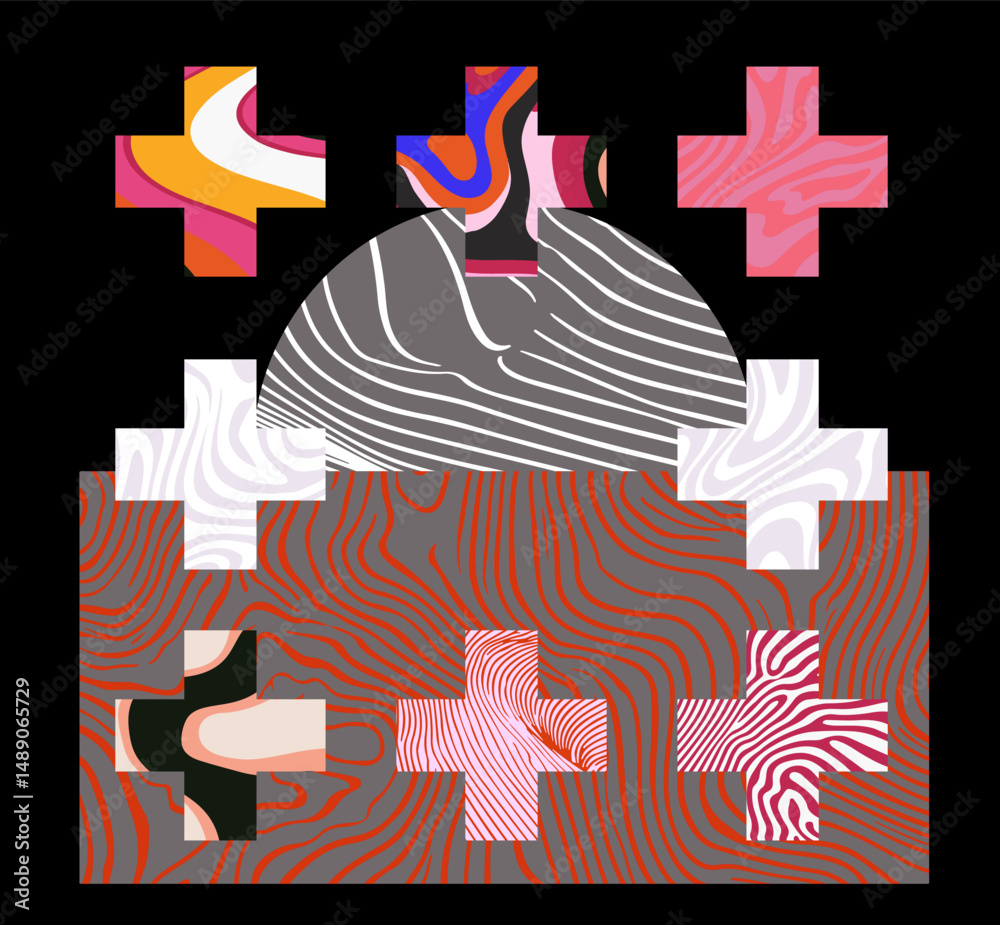 Poster This abstract vector illustration features colorful, wavy, textured patterns within geometric crosss hapes on a dark background. The style is modern and trendy, reflecting patchwork surrealism.