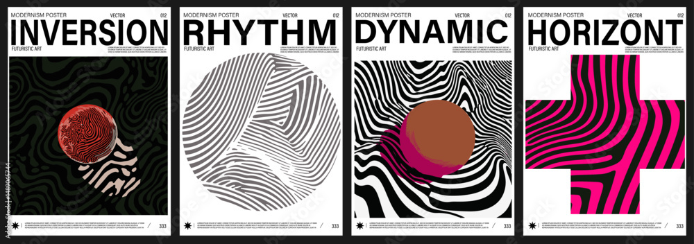 Aufkleber vector illustration features four modern posters with bold wavy line art and geometric elements in h