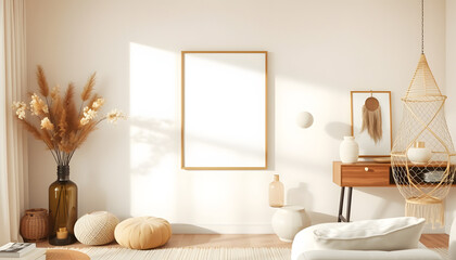 Obraz premium Beige boho interior of living room with mock up poster frame, elegant accessories, dried flowers in vase, wooden console and hanging rattan hut in stylish home decor. White tone