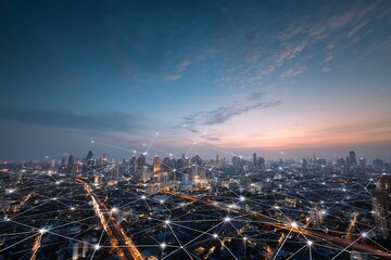 Fototapeta premium Cityscape at Dusk with Network Connections