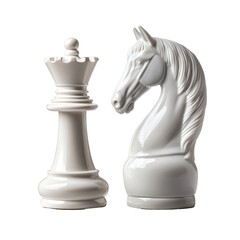 Elegant white chess queen and horse figurines isolated on a clean background showcasing strategic game pieces, white chess queen and horse isolated non isolated on Transparent background