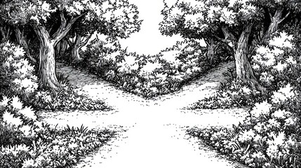 Obraz premium Forest path forks, trees, nature, illustration, background, book cover
