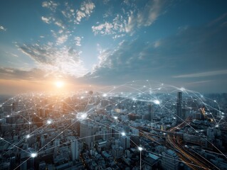 Fototapeta premium Cityscape with Overlaid Network Connectivity