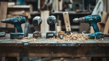 Collection of power tools placed on dusty construction table, surrounded by wood shavings