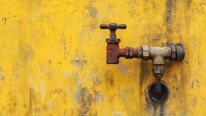 Rusty water faucet on a weathered yellow wall