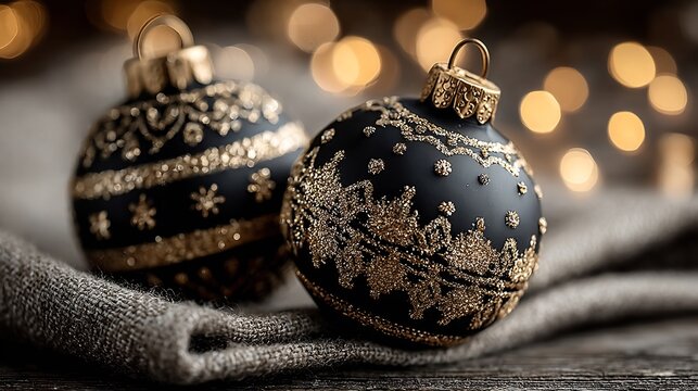 Christmas golden ornaments velvet cloth soft lighting and bokeh background festive elegance