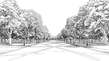 Tree-lined avenue, converging paths, park, sketch, landscape design