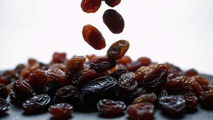 Fototapeta premium Delicious Raisins Falling onto a Pile A Close-Up Shot of Sweet Dried Grapes
