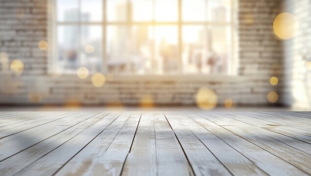 Sunlit wooden floor near a blurred city window