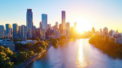 Obraz premium Modern Skyline View at Sunset from Drone Perspective in 4K Resolution