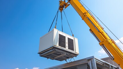 Heavy crane moving HVAC equipment onto an industrial building rooftop