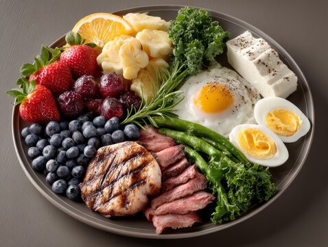 Colorful Balanced Breakfast Plate with Grilled Meat, Eggs, Vegetables, and Fresh Fruits