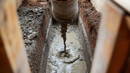 Obraz premium Mixer drum tilted downward with fresh concrete spilling into foundation trench
