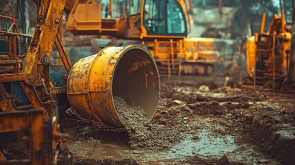Fototapeta premium Mixer drum tilted downward with fresh concrete spilling into foundation trench