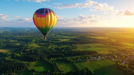 Fototapeta premium Colorful Hot Air Balloon Ascends Over Lush Green Landscape at Sunset