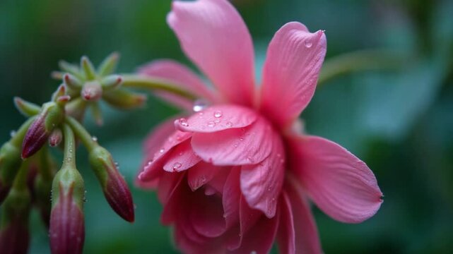 A beautiful pink flower bends in the rain. Heavily watered flower, close-up. Macro.