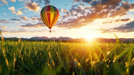 Obraz premium Vibrant Hot Air Balloon Ascending Into a Glowing Sky at Sunset