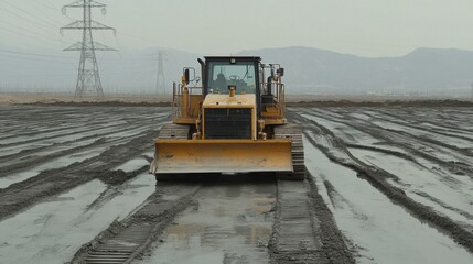 Rear view of bulldozer leaving deep tracks across leveled surface