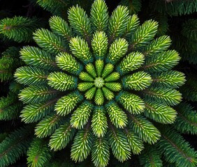 Symmetrical evergreen branches form a vibrant green mandala