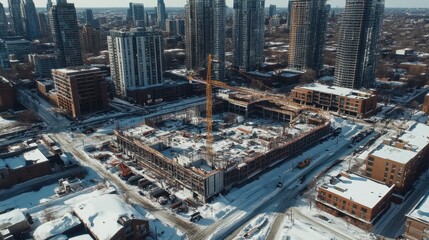 Tower crane operating beside multiple buildings under construction in a dense urban area