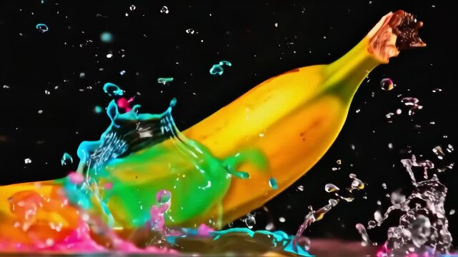 Banana Burst: A dynamic shot of a banana in mid-air, boldly intertwined with vibrant, liquid hues. Captures the moment of fruity collision, with an emphasis on motion, color, and freshness. 