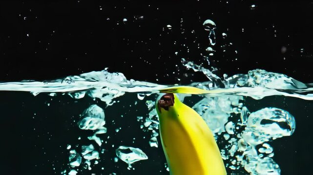 Banana's Aquatic Dip: An alluring visual of a yellow banana gracefully submerged in clear water, creating a refreshing contrast of textures and colors against the backdrop of blackness.
