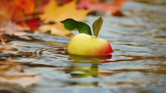 Autumn Apple's Gentle Voyage: An image of half-sunken apple floating in water, adorned with leaves of autumn, is gently carried by the flow in a natural ambiance, invoking a feeling of serenity. 