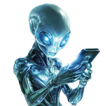 Alien with Device: A curious extraterrestrial intently uses a futuristic device, its glowing eyes focused, revealing a moment of advanced technological engagement.