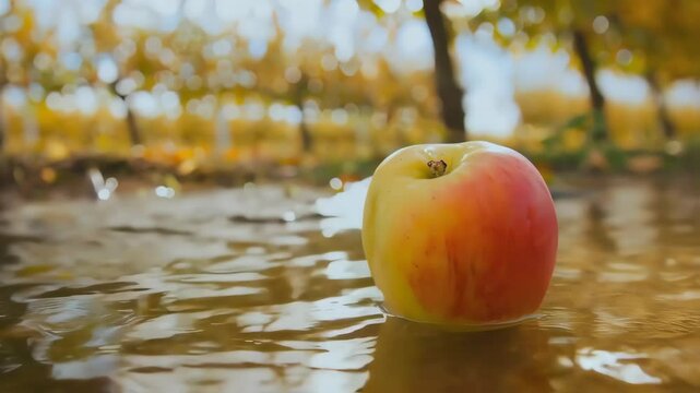 Autumn's Bounty: A single, ripe red apple rests upon the glistening surface of a puddle in a tranquil autumn orchard, bathed in the warm light of the setting sun.