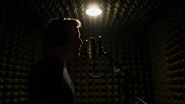 A young Caucasian male vocalist recording in a soundproof studio, focused on delivering a passionate performance under a warm spotlight.