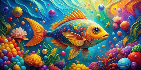 Obraz premium Vibrant mural of a fish swimming in a colorful ocean with bubbles and patterns surrounding it