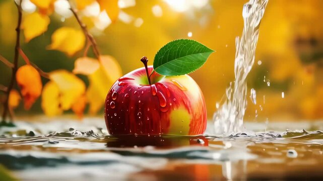 Apple in Water: A fresh red apple with a green leaf, glistening with water droplets, rests in a puddle. The autumnal background with its vibrant yellow leaves adds a touch of seasonal charm.
